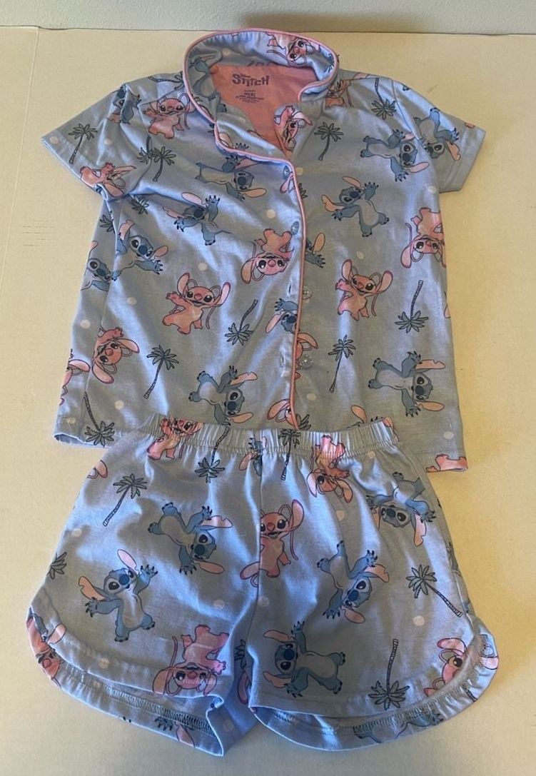Disney Stitch Pajama Set Size M(8) Blue Pink Short Sleeve Shorts 1