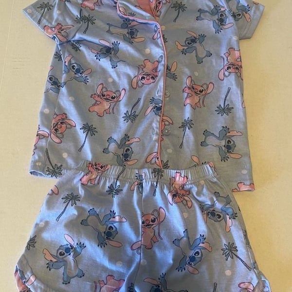 Disney Stitch Pajama Set Size M(8) Blue Pink Short Sleeve Shorts