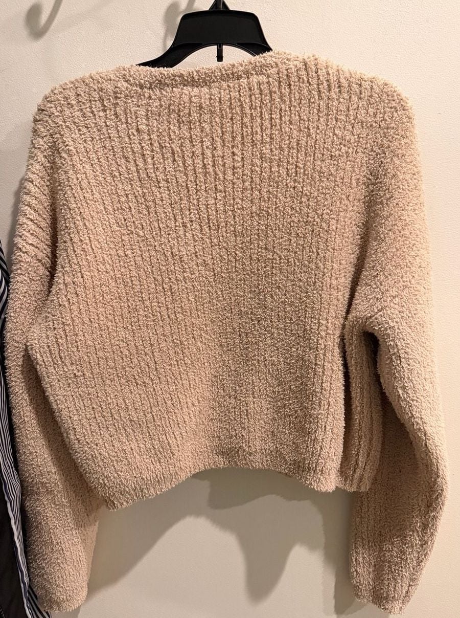 Zara Cardigan Size M Beige Boucle Knit Cropped Sweater 7