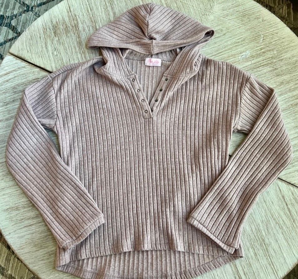 Pink Lily Hooded Ribbed Henley Pullover Sweater Size S 2
