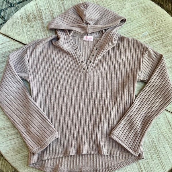 Pink Lily Hooded Ribbed Henley Pullover Sweater Size S