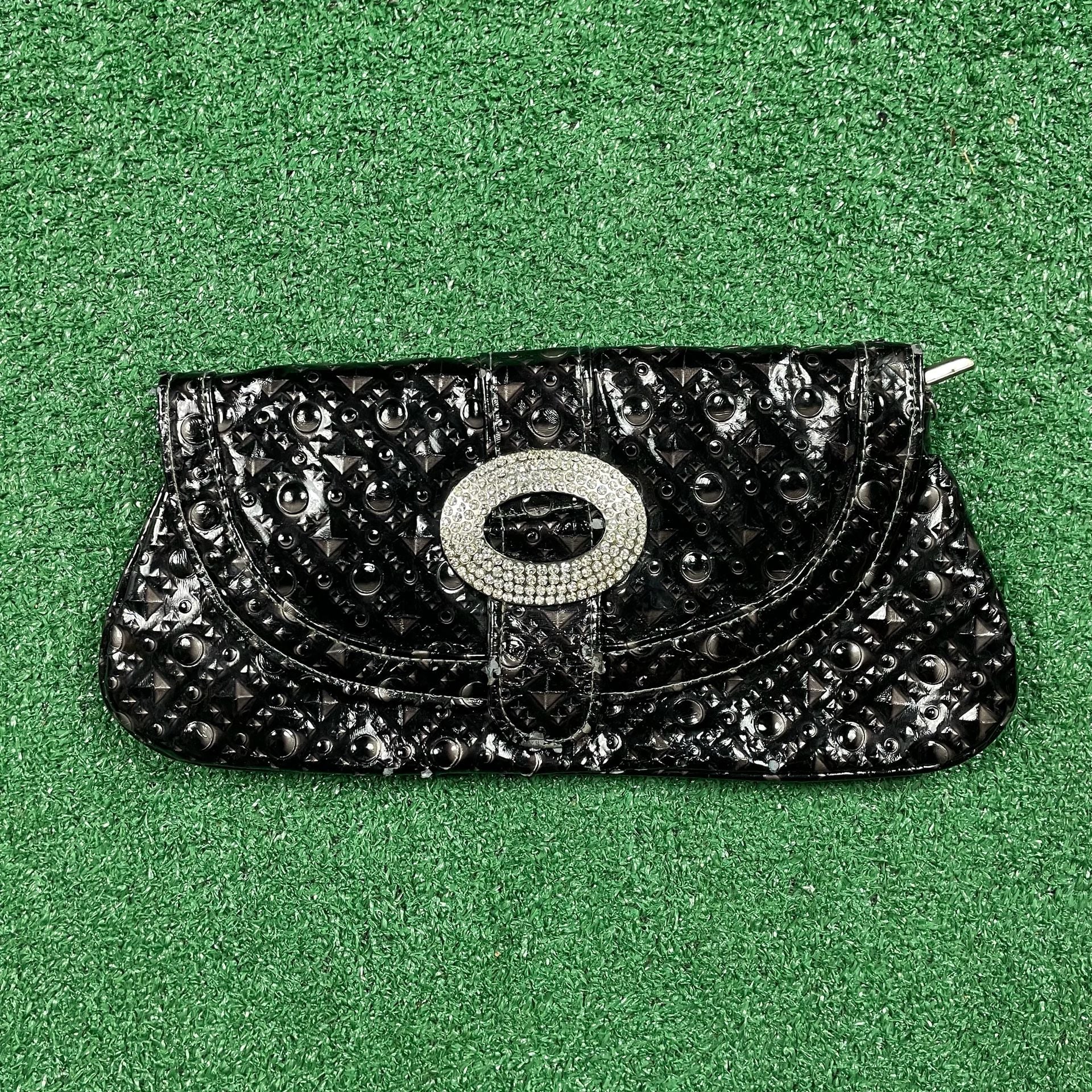 Unbranded Black Patent Clutch Handbag Rhinestone Buckle 2