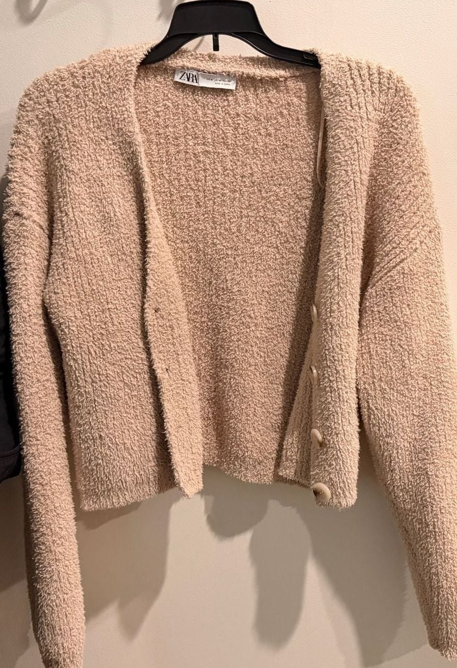 Zara Cardigan Size M Beige Boucle Knit Cropped Sweater 3
