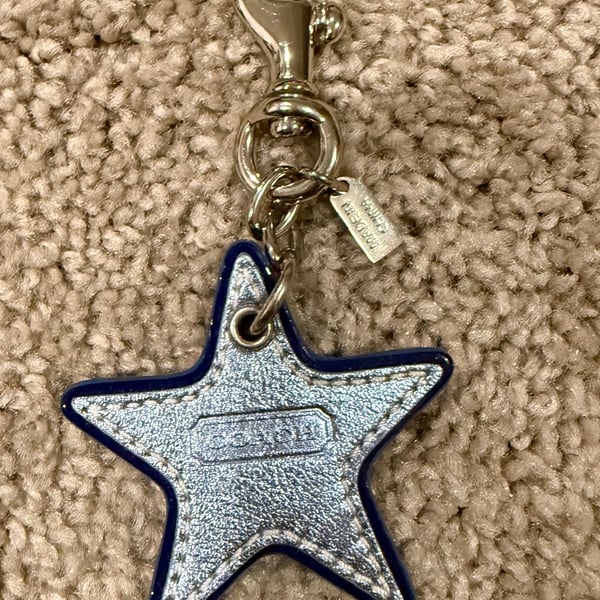 Coach Metallic Silver and Blue Leather Star Bag Charm Keychain