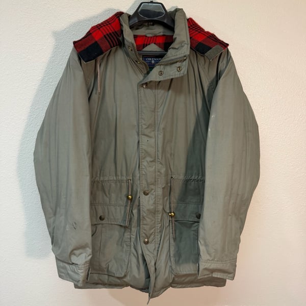 Vintage down filled Coleman Outdoors Parka Jacket Medium Olive Green Plaid Lined