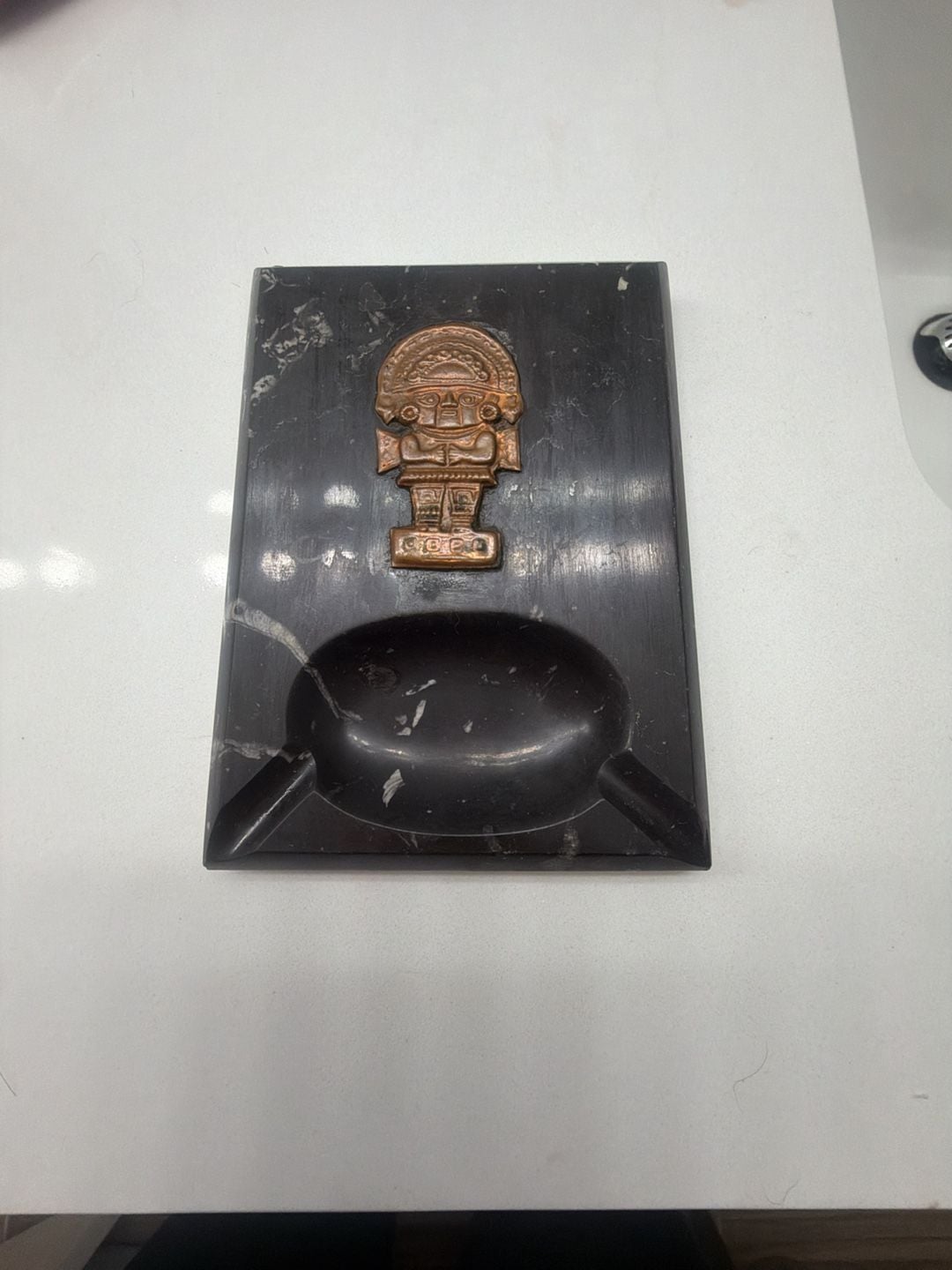 Vintage Peruvian Black Marble Ash Tray With Copper Tumi Figurine 1