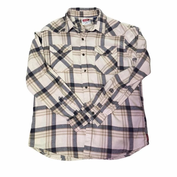 Wrangler Flannel Shirt Mens Large Beige Blue Plaid Long Sleeve Button Up