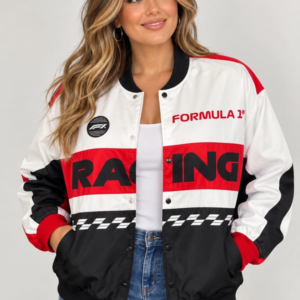 Formula 1 Racing Jacket Size XL White Red Black Varsity Bomber