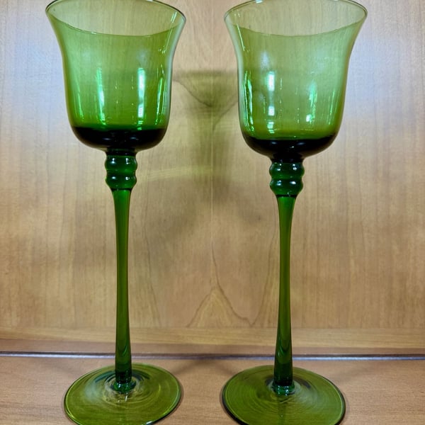 PartyLite Radiant Glow Stemmed Votive Holder Green Glass Pair