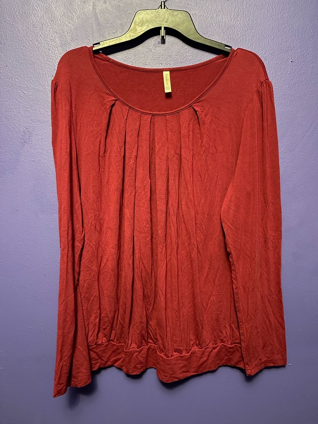 Anymeet Long Sleeve Top Size 2XL Red Pleated Scoop Neck Blouse 2