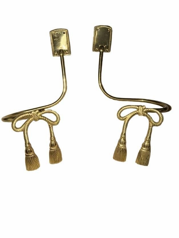 Vintage Brass Curtain Tiebacks Bow and Tassel Wall Hooks Pair 1