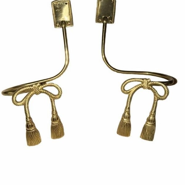 Vintage Brass Curtain Tiebacks Bow and Tassel Wall Hooks Pair