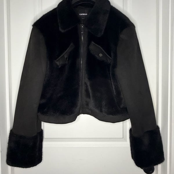Express Faux Fur Moto Crop Jacket Size XL Black