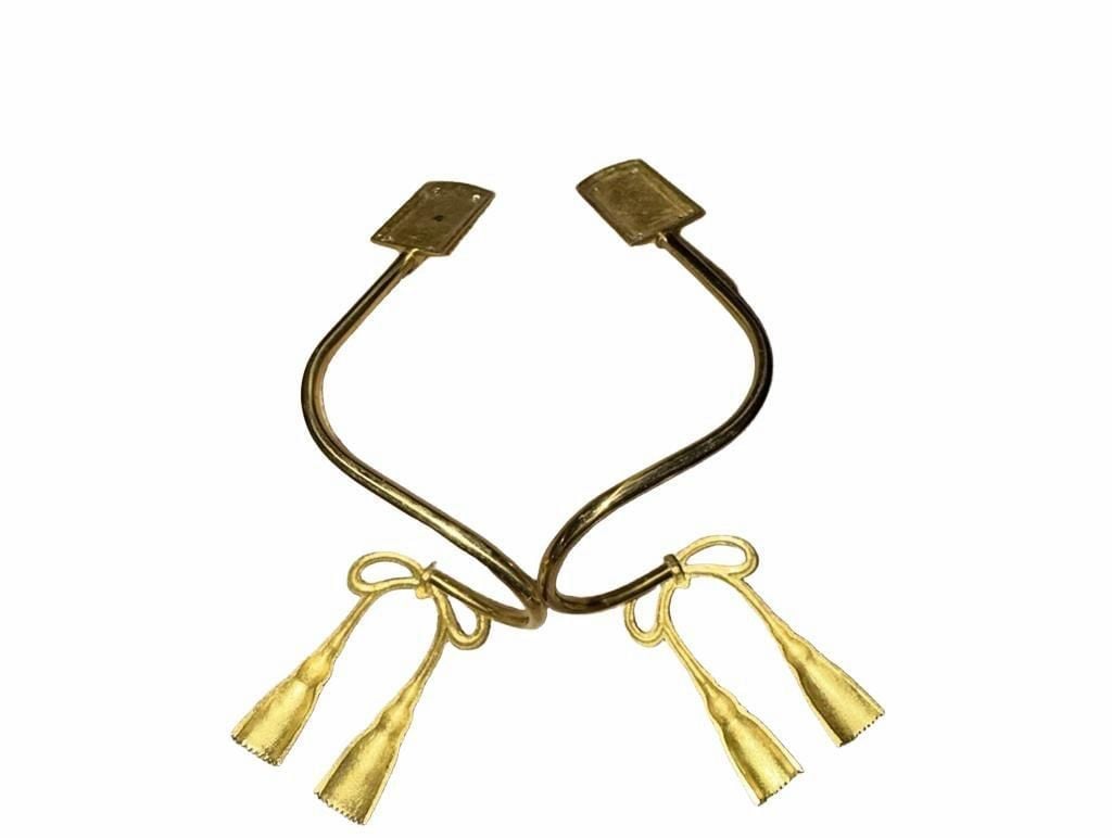 Vintage Brass Curtain Tiebacks Bow and Tassel Wall Hooks Pair 3
