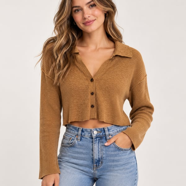 ๐ค Free People Camel Ribbed Cropped Henley Sweater | Size Small