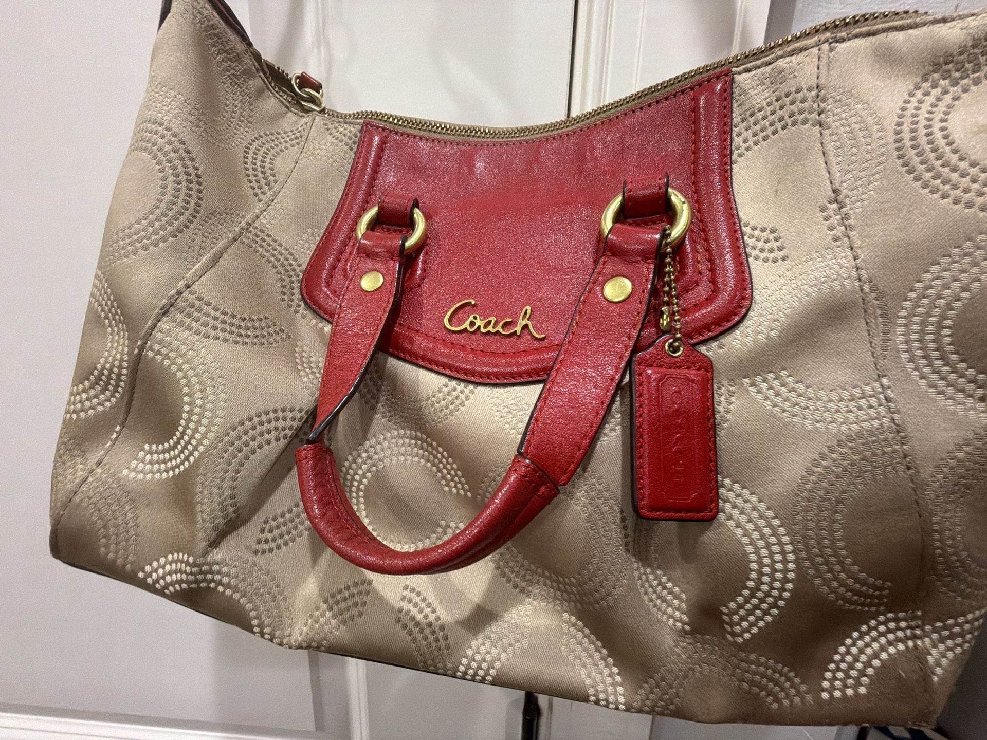 Vintage Coach Signature Poppy Op Art Beige Red Convertible Satchel Bag 3