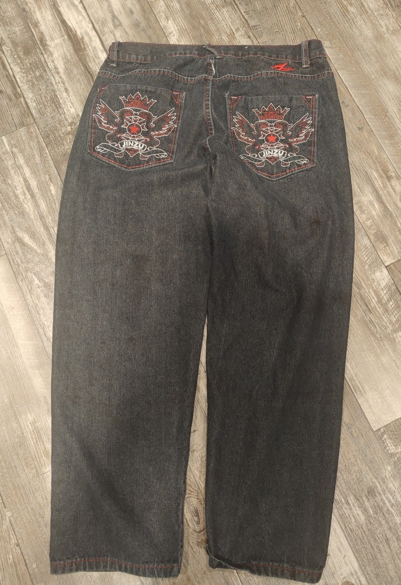 Jinzu Jeans Size 38x32 Black Embroidered Y2K Baggy Denim Pants 5