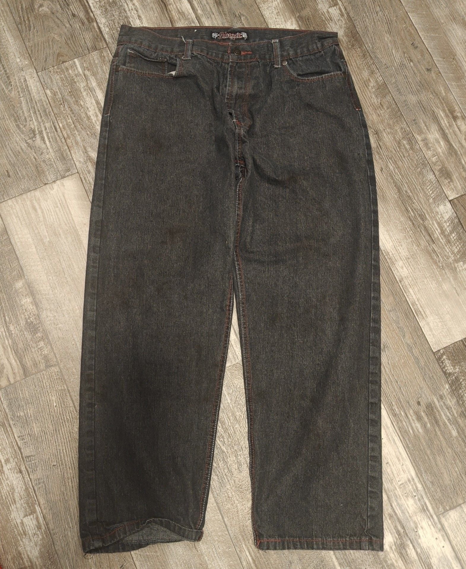 Jinzu Jeans Size 38x32 Black Embroidered Y2K Baggy Denim Pants 2