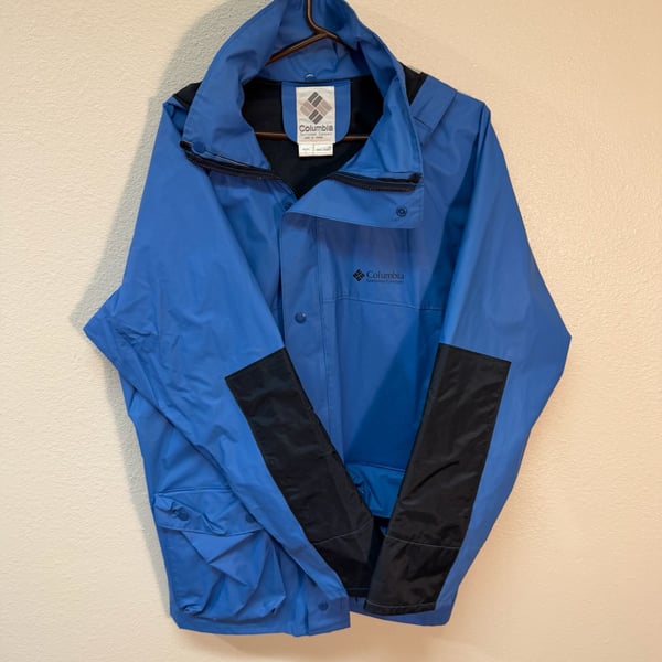 Columbia Rain Jacket Size L Vintage Blue Black Radial Sleeve