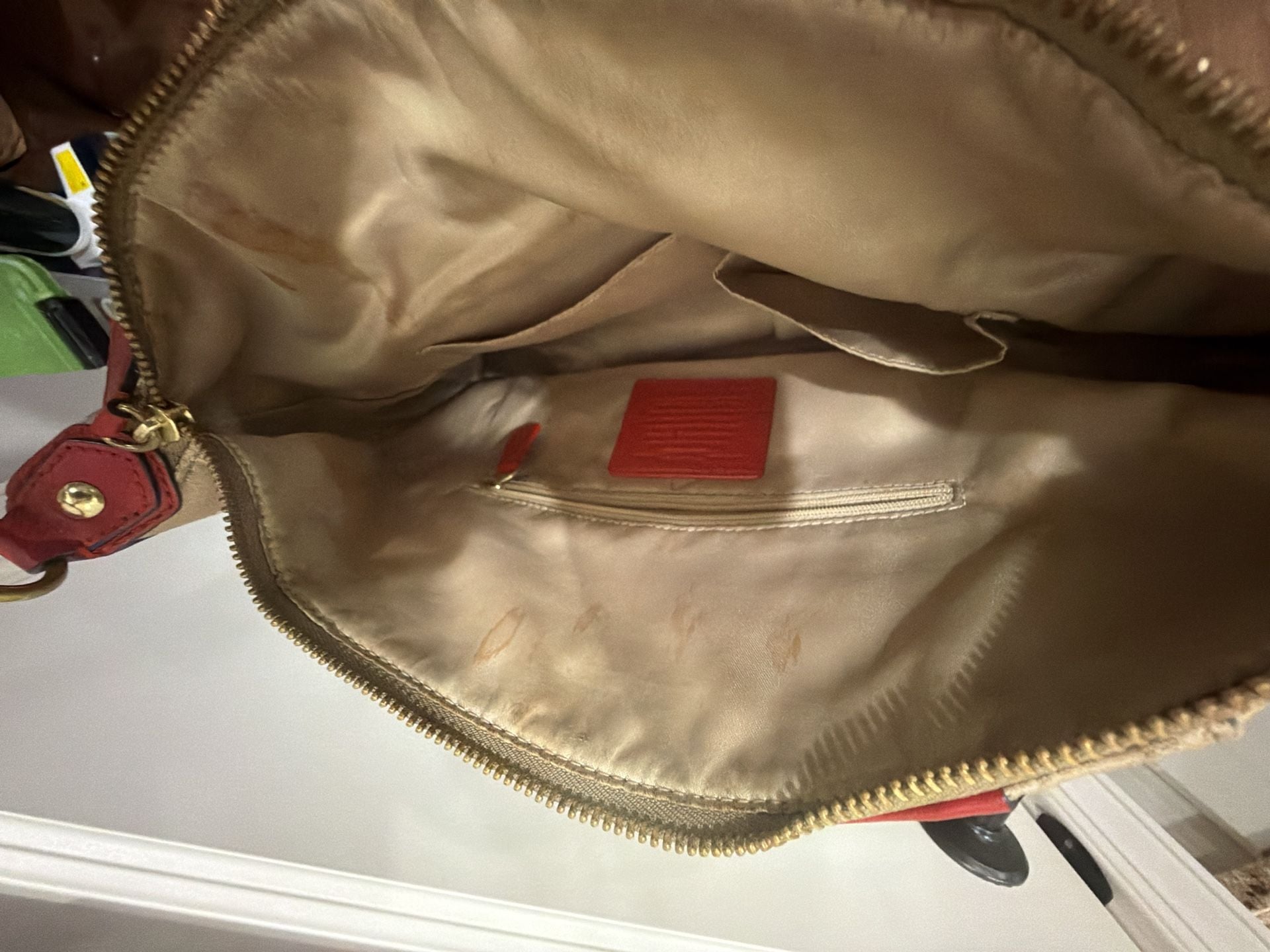 Vintage Coach Signature Poppy Op Art Beige Red Convertible Satchel Bag 9