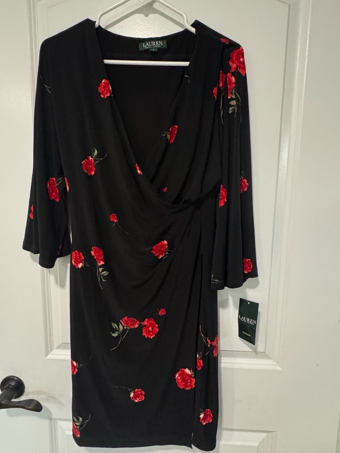Lauren Ralph Lauren Black Red Rose Floral Wrap Dress Bell Sleeve NWT Size 6 2