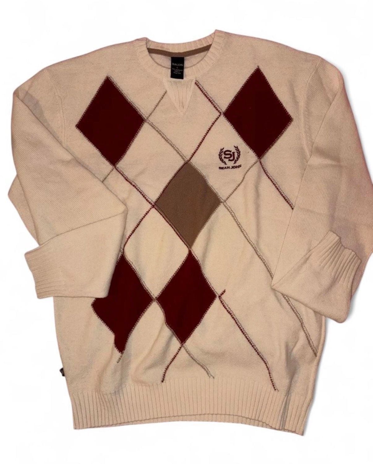Sean John Argyle Wool Sweater Size L Cream Burgundy Crest Logo 2