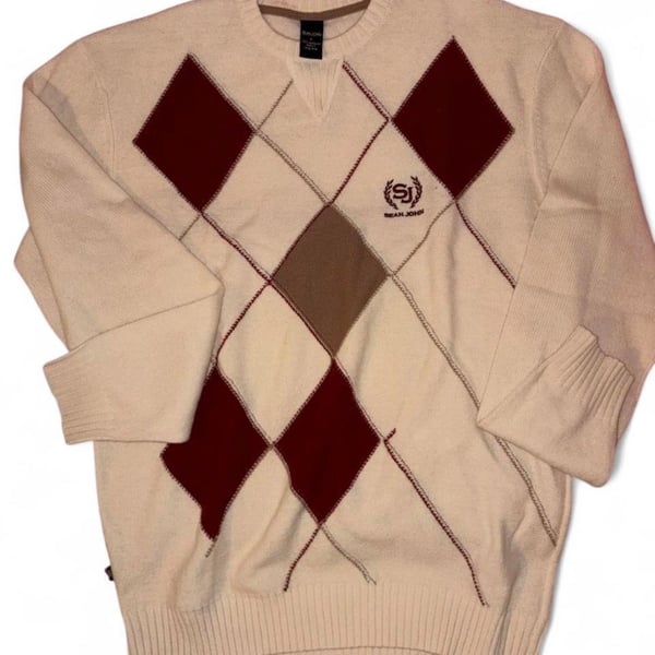 Sean John Argyle Wool Sweater Size L Cream Burgundy Crest Logo