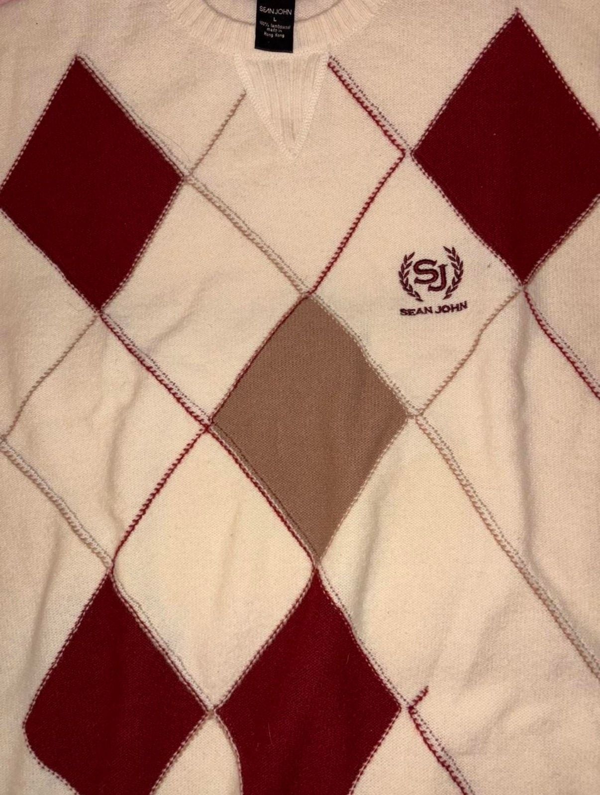 Sean John Argyle Wool Sweater Size L Cream Burgundy Crest Logo 3