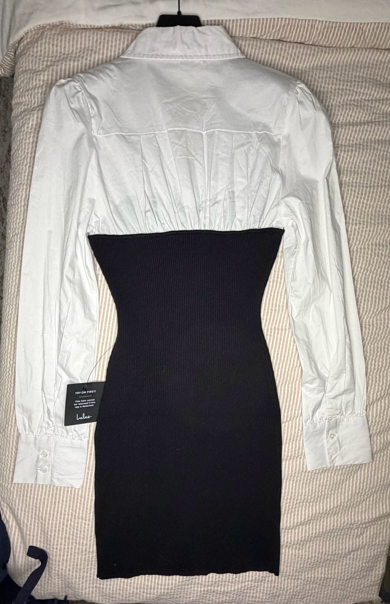 Lulus Twofer Mini Dress Size M Black White Long Sleeve Shirt Corset 2