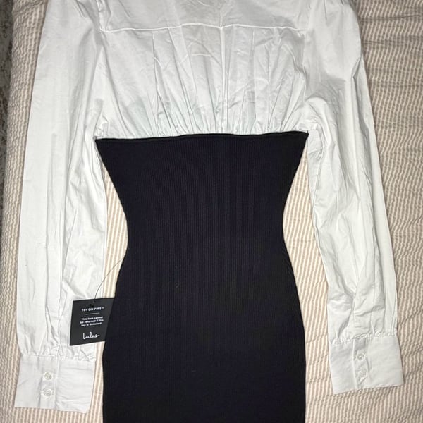 Lulus Twofer Mini Dress Size M Black White Long Sleeve Shirt Corset