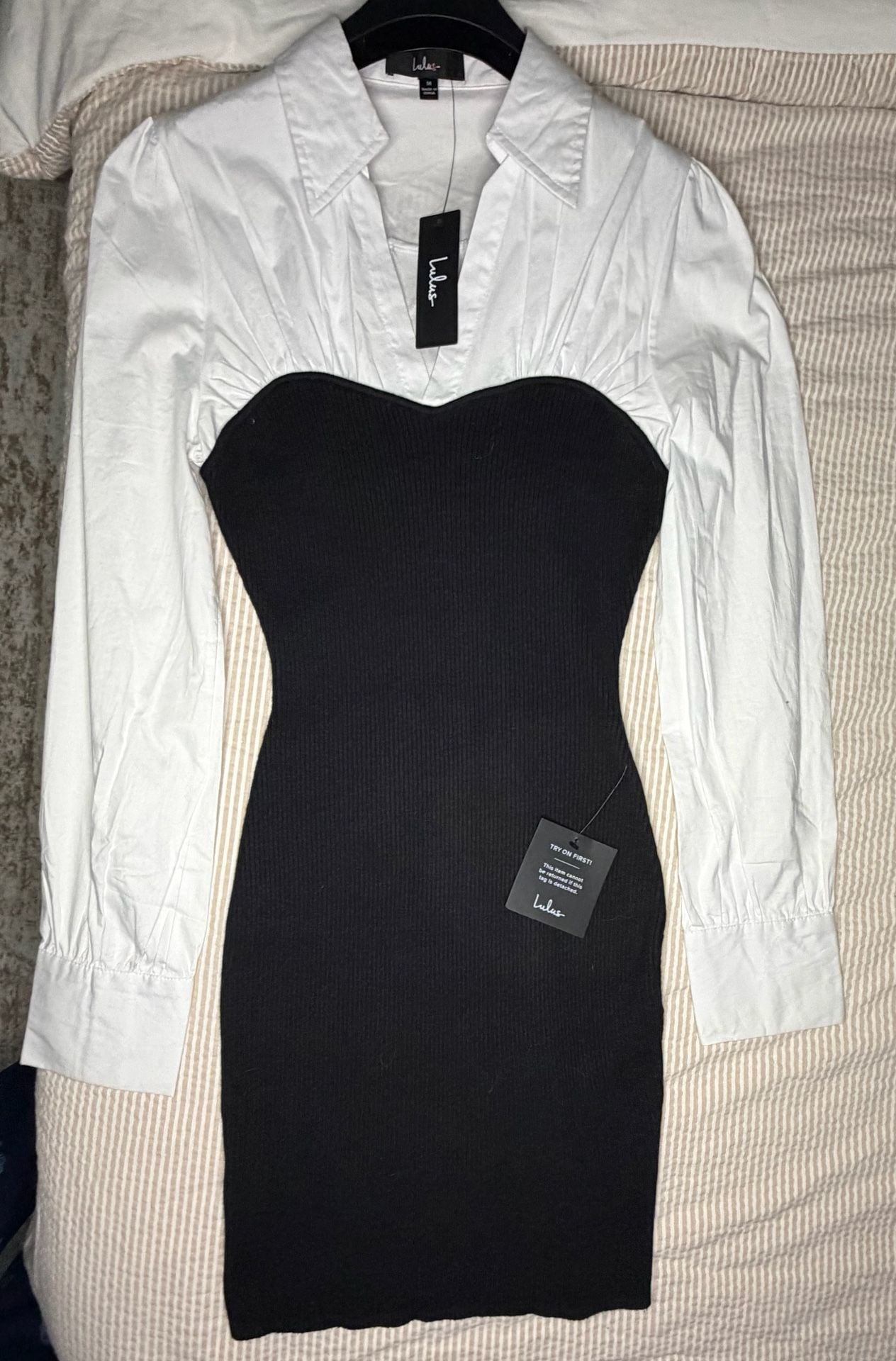 Lulus Twofer Mini Dress Size M Black White Long Sleeve Shirt Corset 3