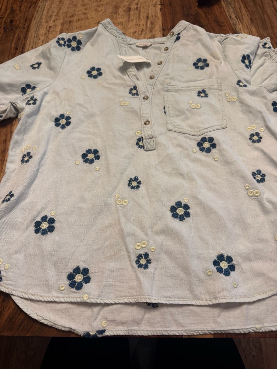 Pilcro Embroidered Blouse Size L Light Blue Floral Cotton boho 6