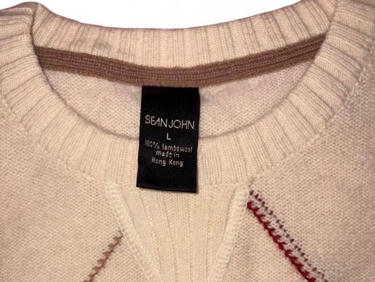 Sean John Argyle Wool Sweater Size L Cream Burgundy Crest Logo 4