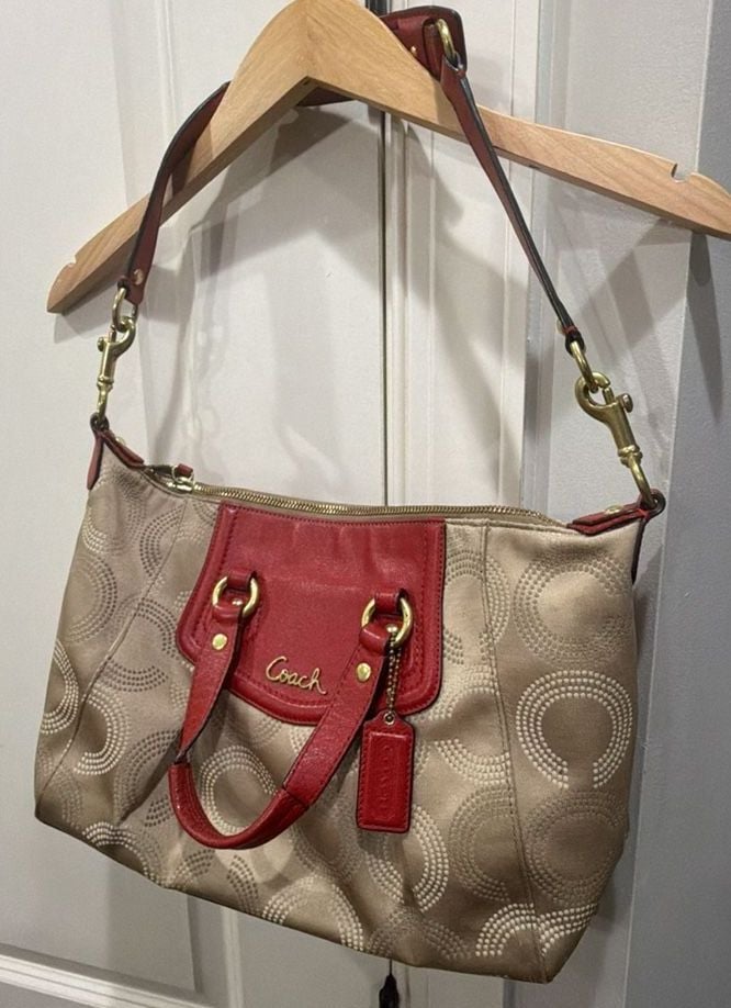 Vintage Coach Signature Poppy Op Art Beige Red Convertible Satchel Bag 2
