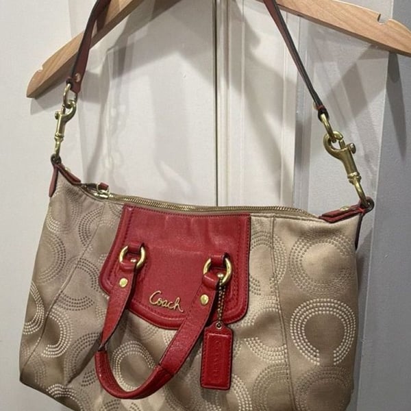 Vintage Coach Signature Poppy Op Art Beige Red Convertible Satchel Bag