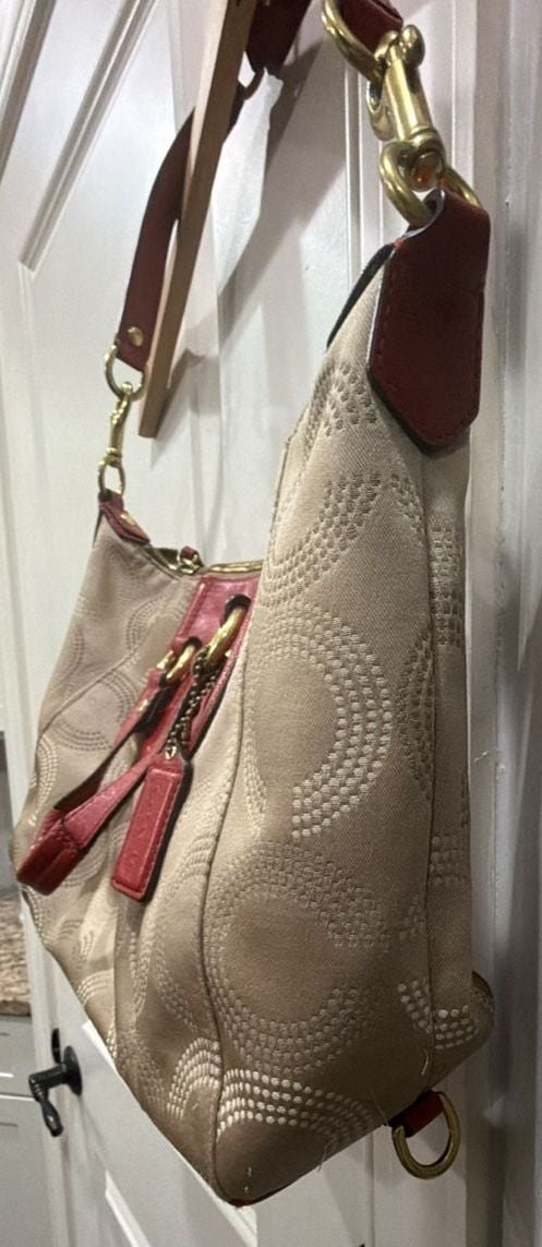 Vintage Coach Signature Poppy Op Art Beige Red Convertible Satchel Bag 5