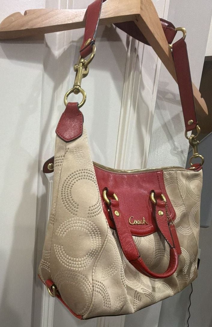Vintage Coach Signature Poppy Op Art Beige Red Convertible Satchel Bag 4
