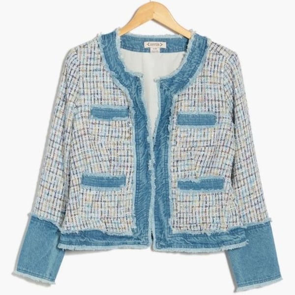 Nanette Lepore Denim Trim Tweed Blazer Jacket Size XL