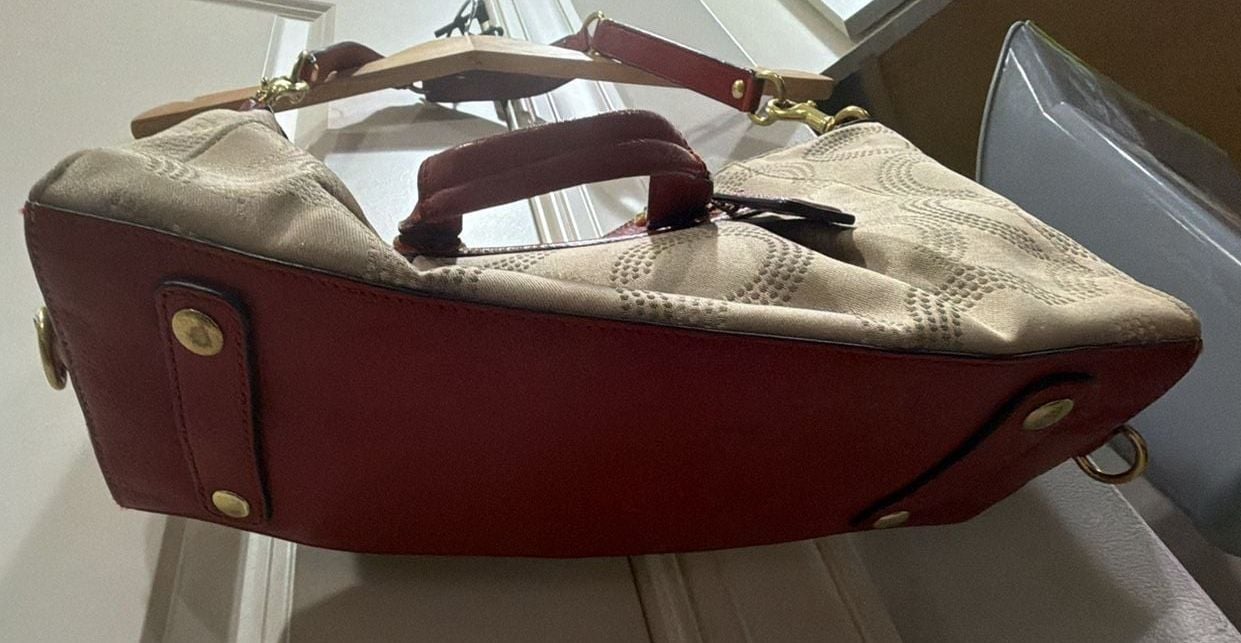 Vintage Coach Signature Poppy Op Art Beige Red Convertible Satchel Bag 6