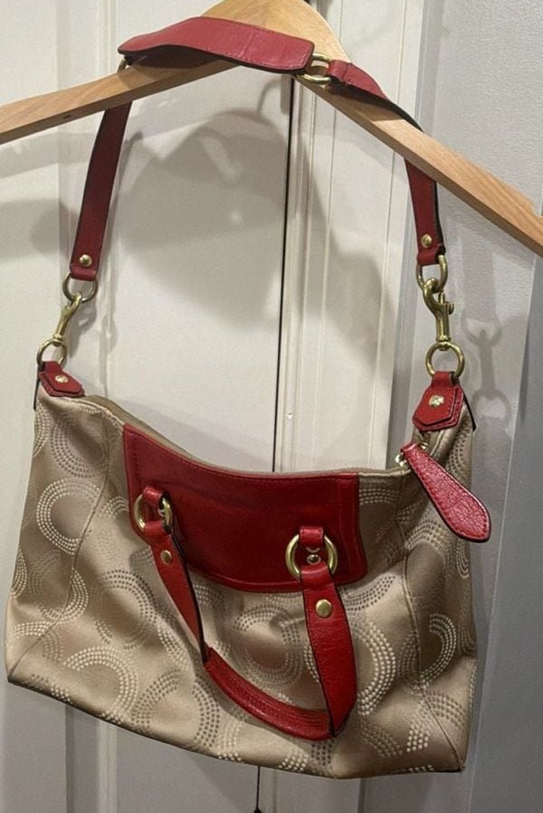 Vintage Coach Signature Poppy Op Art Beige Red Convertible Satchel Bag 7