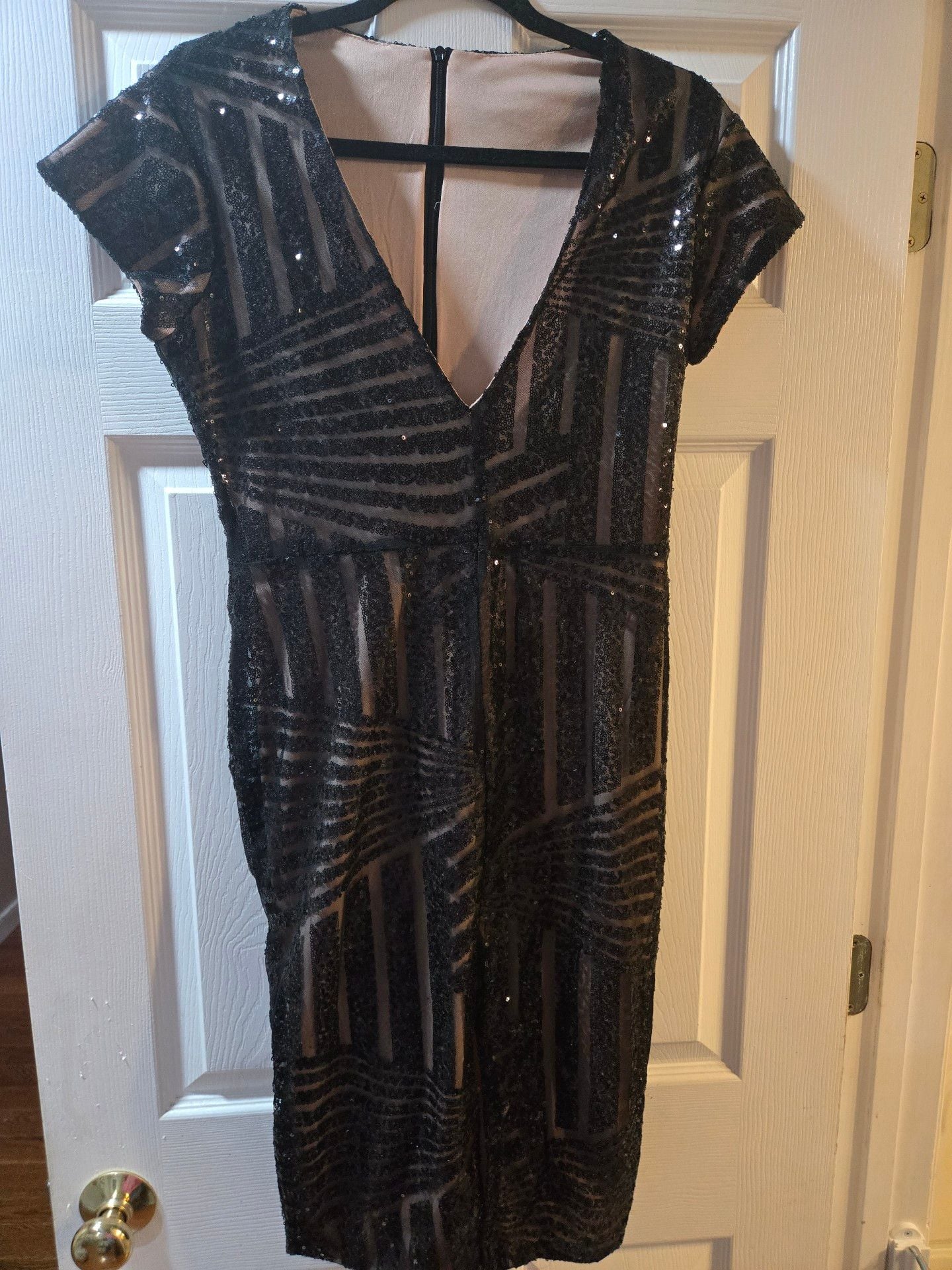 Sequin Dress Size XL Black Nude Midi Cocktail 2