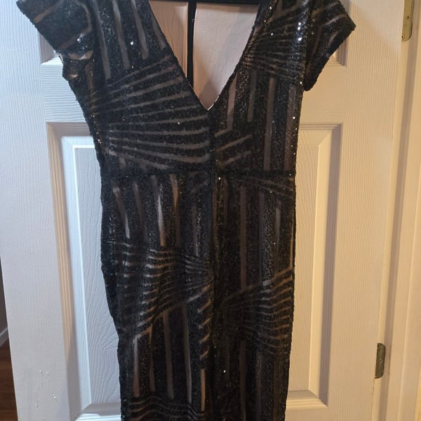 Sequin Dress Size XL Black Nude Midi Cocktail