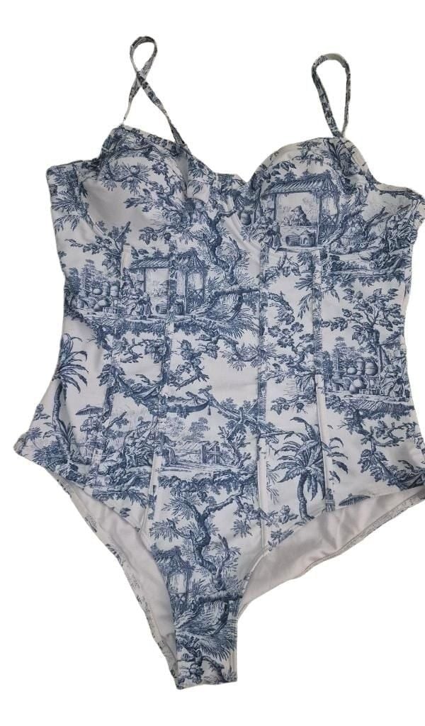 Cider Chinoiserie Print One-Piece Swimsuit Size XL Blue Toile 2