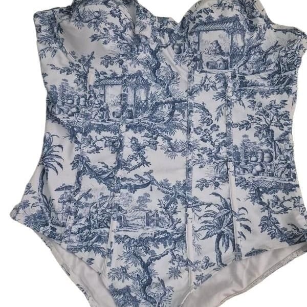 Cider Chinoiserie Print One-Piece Swimsuit Size XL Blue Toile