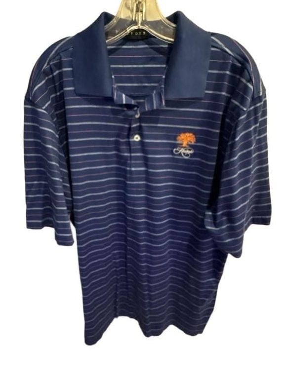 Divots Golf Polo Size L Blue Striped Kiawah Tree Logo 2