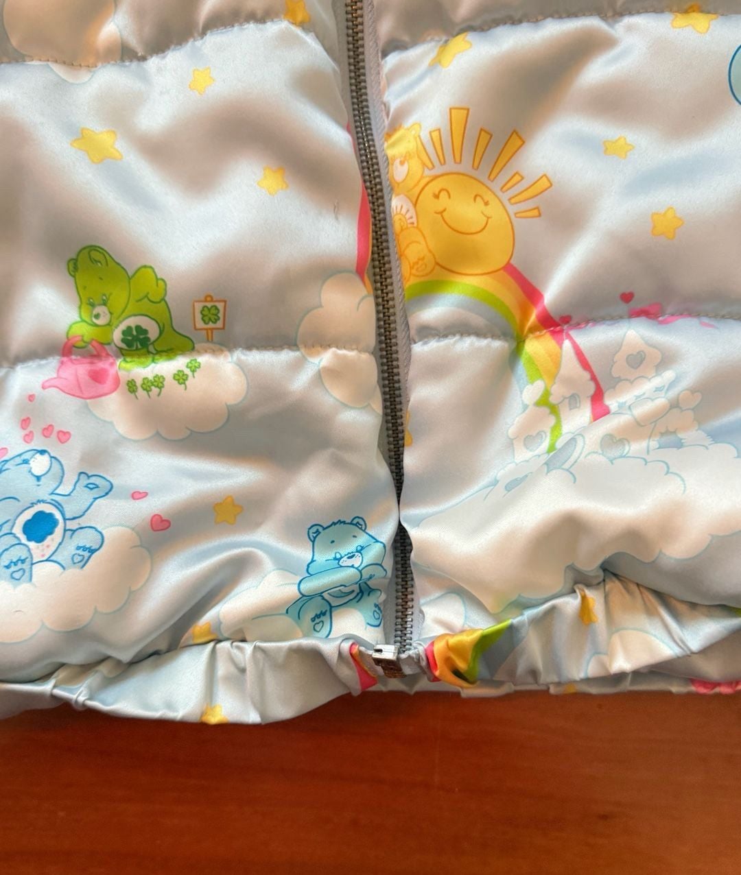 Flawed Care Bears Puffer Jacket Size XL Blue Rainbow Cloud Print 7