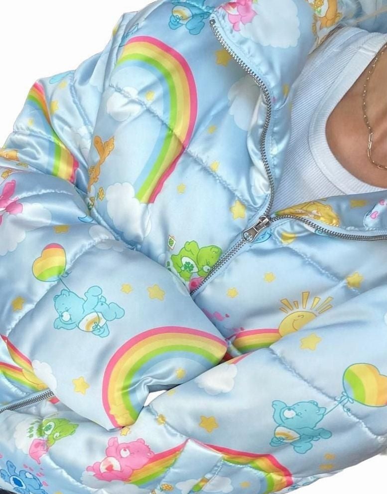 Flawed Care Bears Puffer Jacket Size XL Blue Rainbow Cloud Print 9