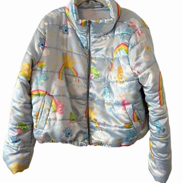 Flawed Care Bears Puffer Jacket Size XL Blue Rainbow Cloud Print