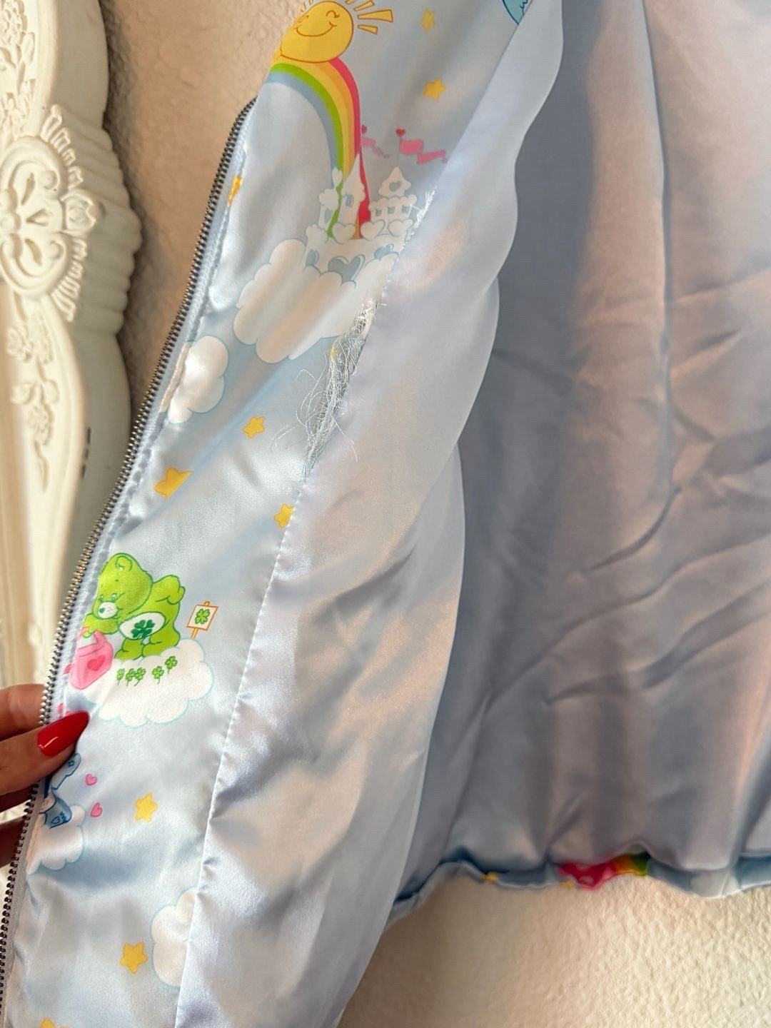 Flawed Care Bears Puffer Jacket Size XL Blue Rainbow Cloud Print 8