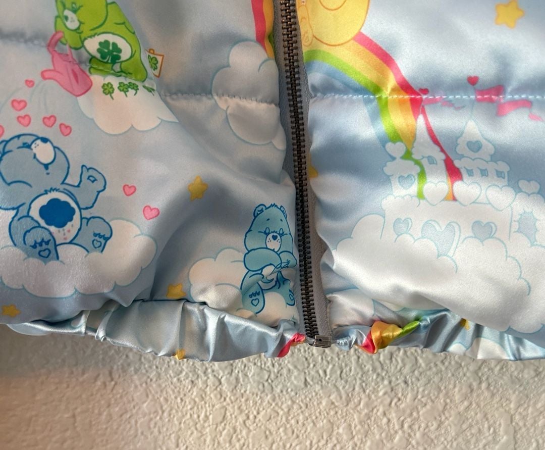 Flawed Care Bears Puffer Jacket Size XL Blue Rainbow Cloud Print 12